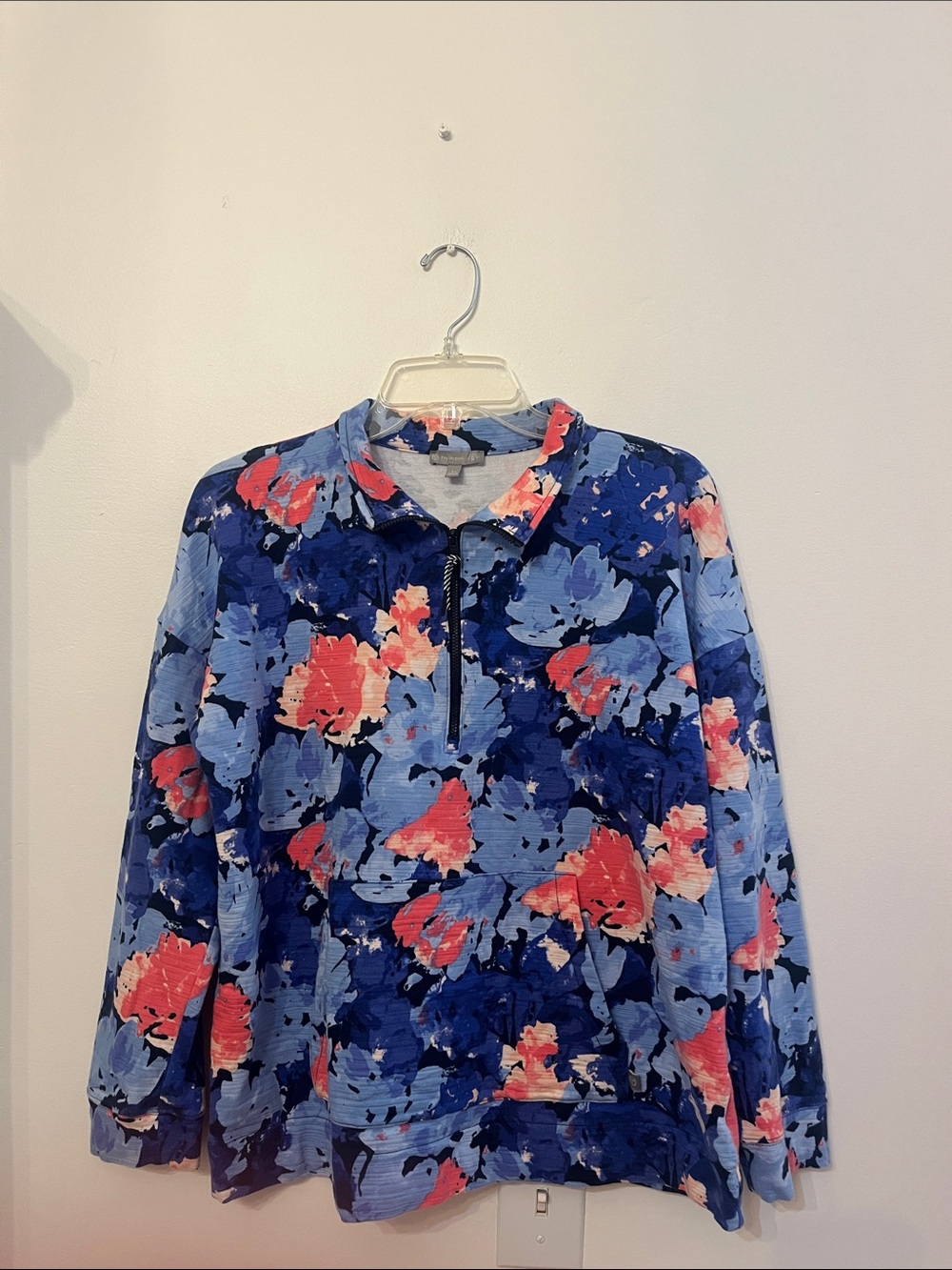 Talbots Blue & Coral Floral Half-Zip Sweatshirt Athleisure Wear LP